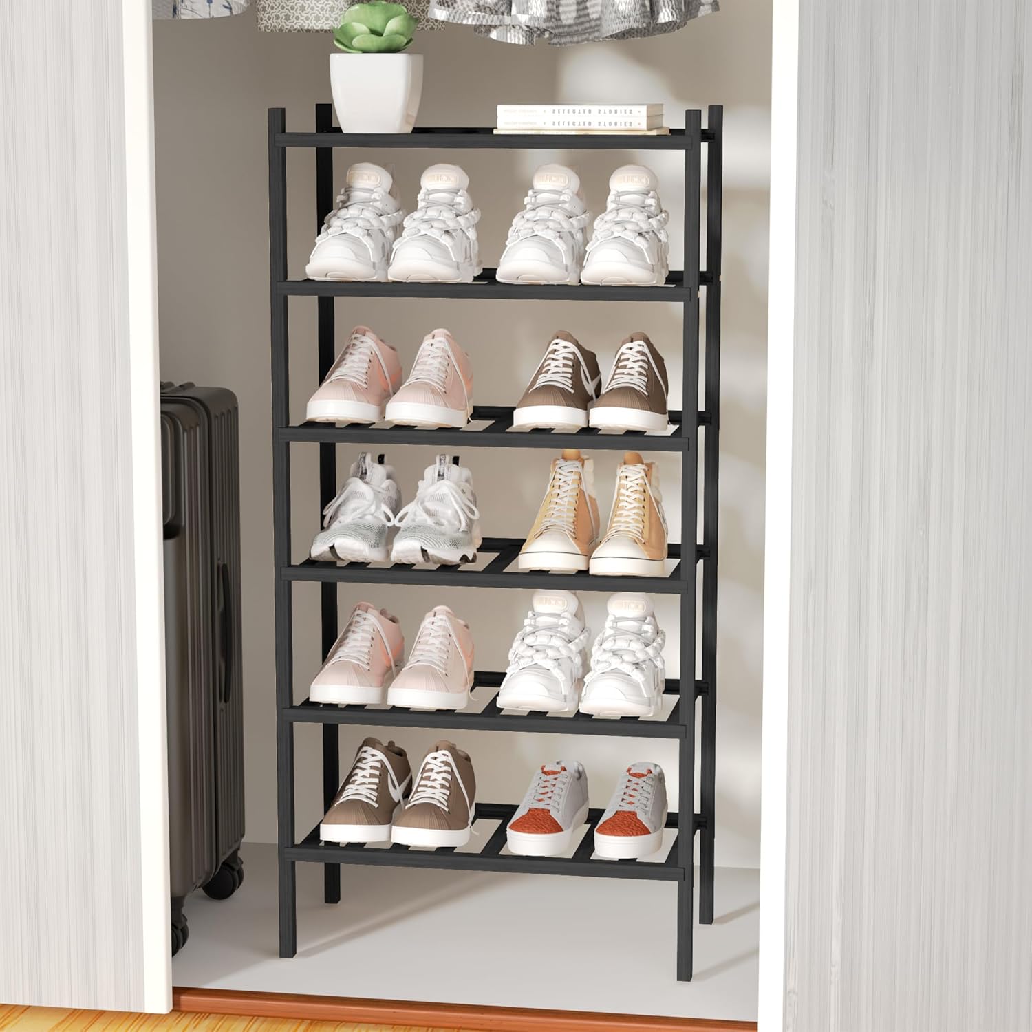 6-Tier Bamboo Small Shoe Rack, Free Standing Wood Shoe Shelf Storage Organizer for Closet Entryway Stackable (Black)0