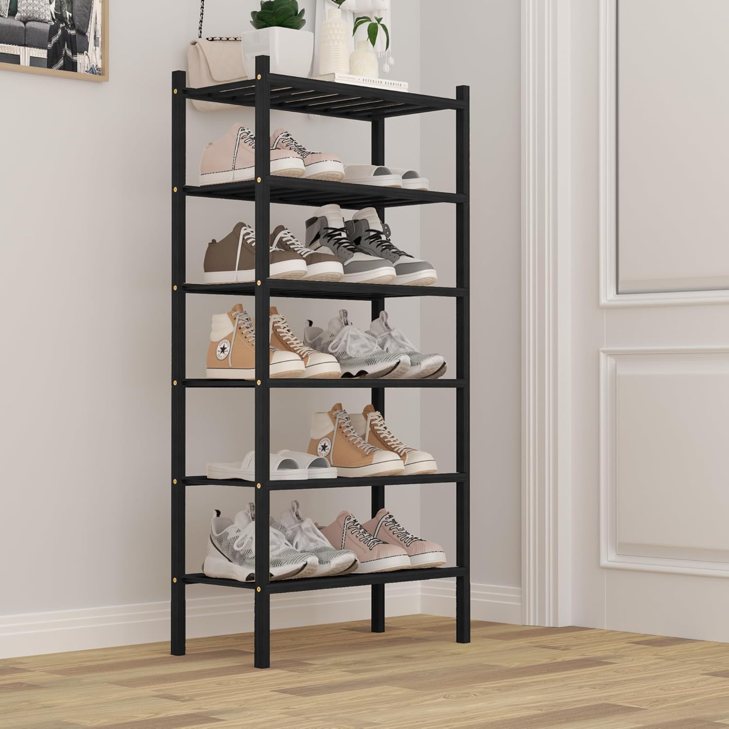 6-Tier Bamboo Small Shoe Rack, Free Standing Wood Shoe Shelf Storage Organizer for Closet Entryway Stackable (Black)1