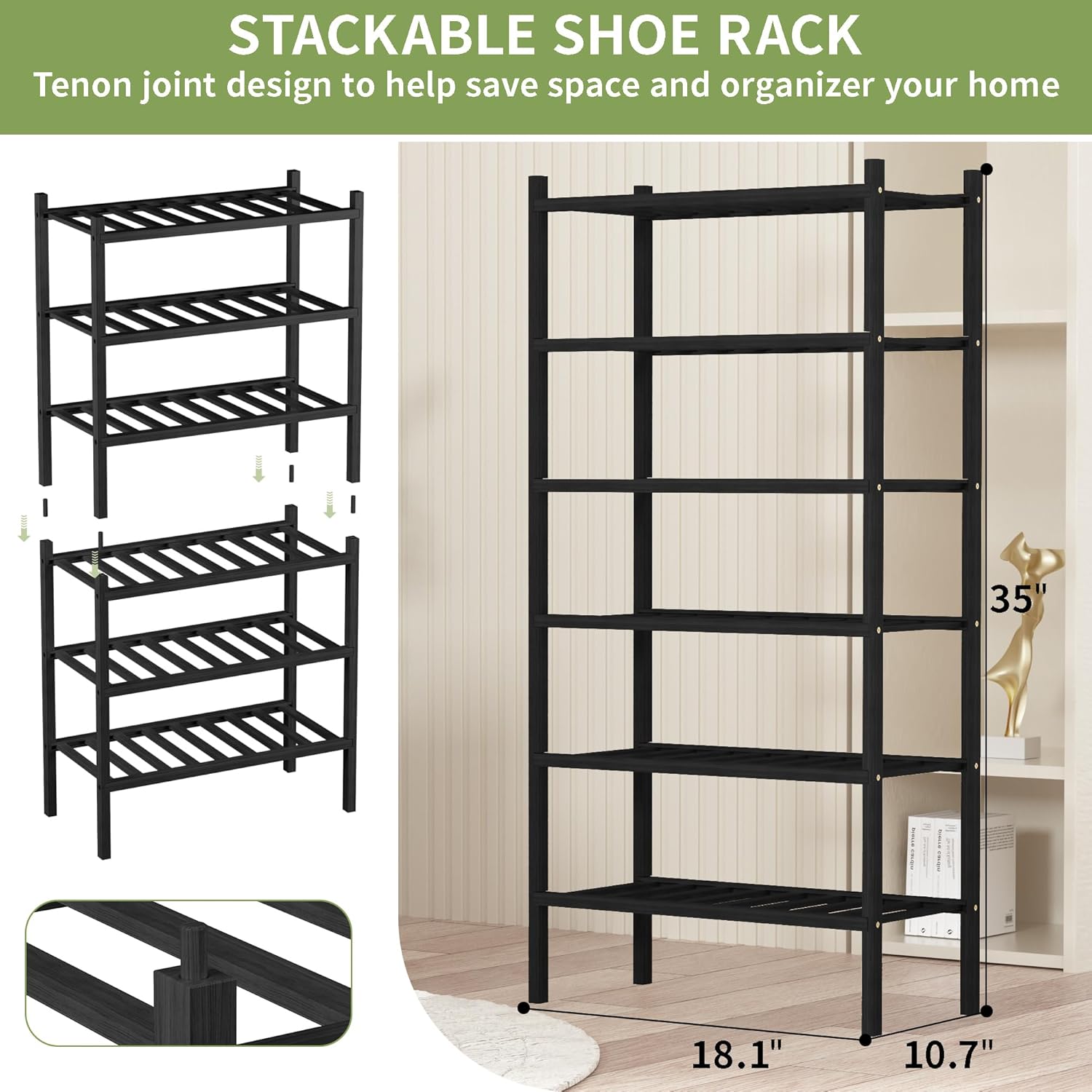 6-Tier Bamboo Small Shoe Rack, Free Standing Wood Shoe Shelf Storage Organizer for Closet Entryway Stackable (Black)5