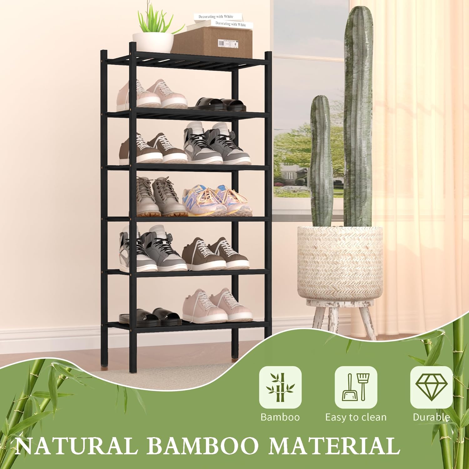 6-Tier Bamboo Small Shoe Rack, Free Standing Wood Shoe Shelf Storage Organizer for Closet Entryway Stackable (Black)7