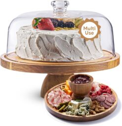 Acacia Wood Cake Stand with Lid - 12in Round Cake Holder, 2-in-1 Dessert Table Display Set & Charcuterie Board for Cheese, Chips & Dips, Nachos, Fruit Platter, Large Acrylic Cake Dome Cover