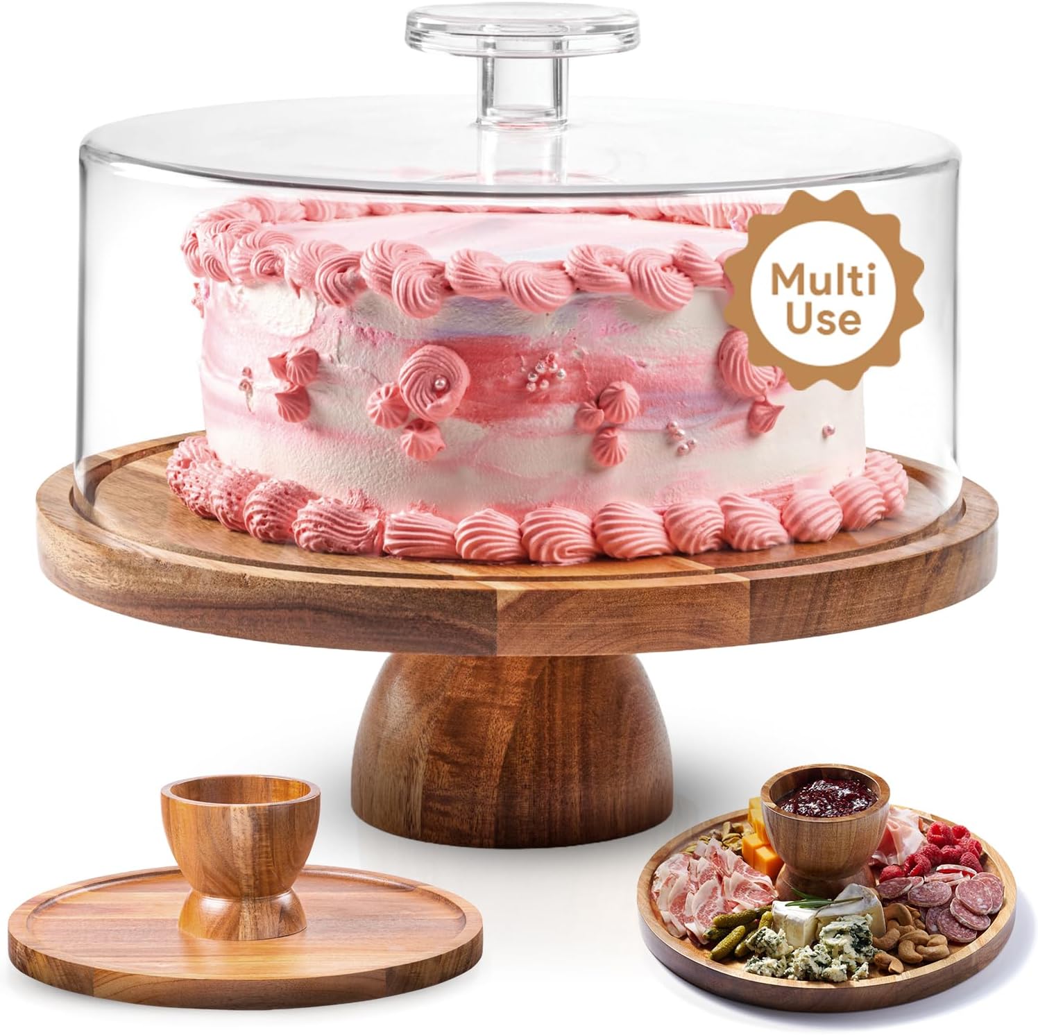 Acacia Wood Cake Stand with Lid - Multifunctional 12 In Round Cake Holder, Dessert Table Display Set & Charcuterie Board for Cheese, Chips, Fruit Platter, Acrylic Cake Dome Cover, No Glass Acacia Wood Cake Stand with Lid - Multifunctional 12 In Round Cake Holder, Dessert Table Display Set & Charcuterie Board for Cheese, Chips, Fruit Platter, Acrylic Cake Dome Cover, No Glass