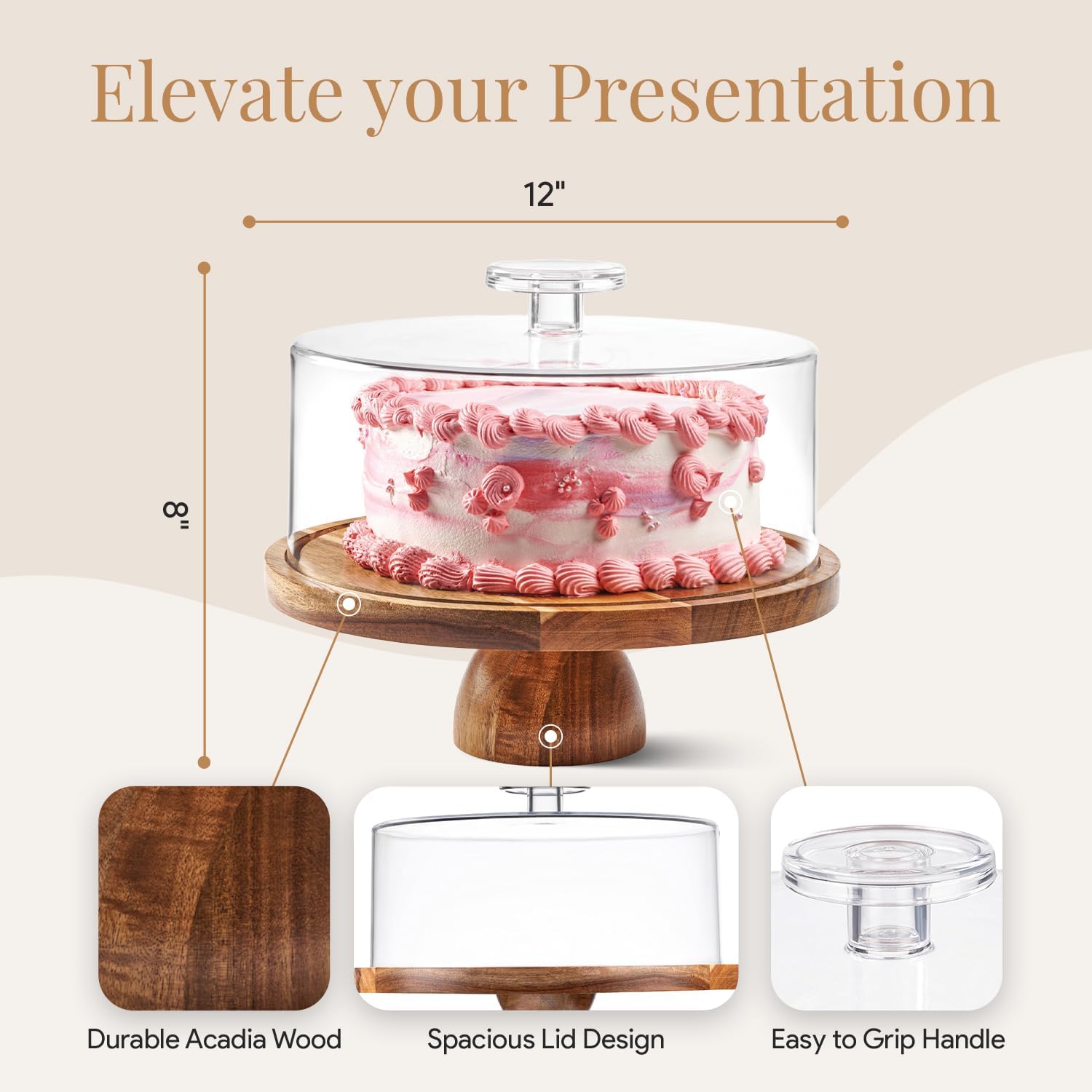 Acacia Wood Cake Stand with Lid - Multifunctional 12 In Round Cake Holder, Dessert Table Display Set & Charcuterie Board for Cheese, Chips, Fruit Platter, Acrylic Cake Dome Cover, No Glass3