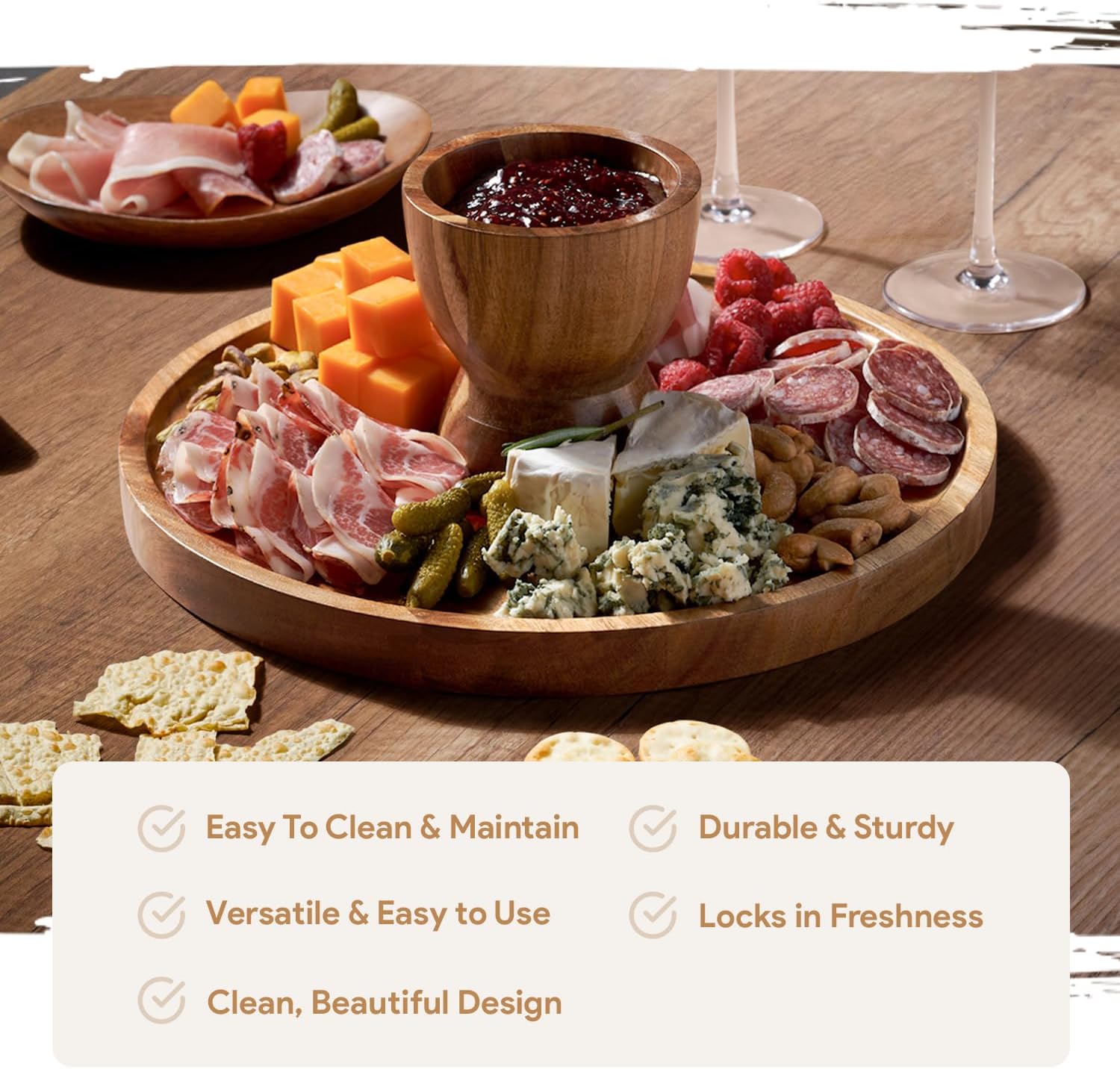 Acacia Wood Cake Stand with Lid - Multifunctional 12 In Round Cake Holder, Dessert Table Display Set & Charcuterie Board for Cheese, Chips, Fruit Platter, Acrylic Cake Dome Cover, No Glass5