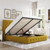Allewie Full Size Lift Up Storage Bed, Button Tufted Headboard with Wingback, No Box Spring Needed, Hydraulic Storage, Olive Yellow