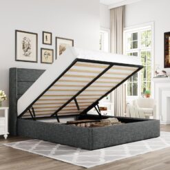 Allewie Full Size Lift Up Storage Bed, Modern Wingback Headboard, No Box Spring Needed, Hydraulic Storage, Dark Grey