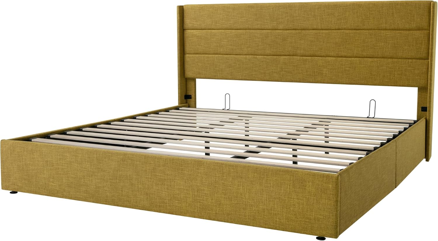 Allewie King Size Lift Up Storage Bed, Modern Wingback Headboard, No Box Spring Needed, Hydraulic Storage, Olive Yellow-