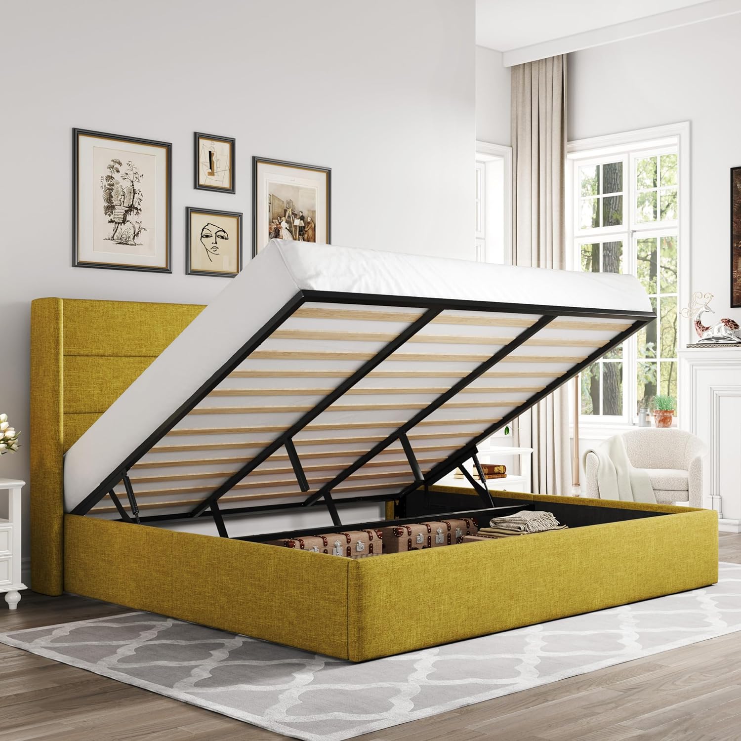 Allewie King Size Lift Up Storage Bed, Modern Wingback Headboard, No Box Spring Needed, Hydraulic Storage, Olive Yellow Allewie King Size Lift Up Storage Bed, Modern Wingback Headboard, No Box Spring Needed, Hydraulic Storage, Olive Yellow