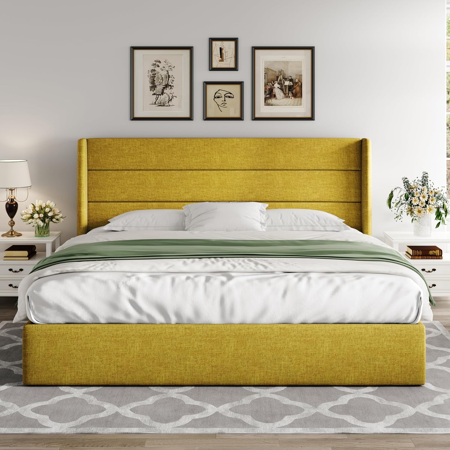 Allewie King Size Lift Up Storage Bed, Modern Wingback Headboard, No Box Spring Needed, Hydraulic Storage, Olive Yellow0