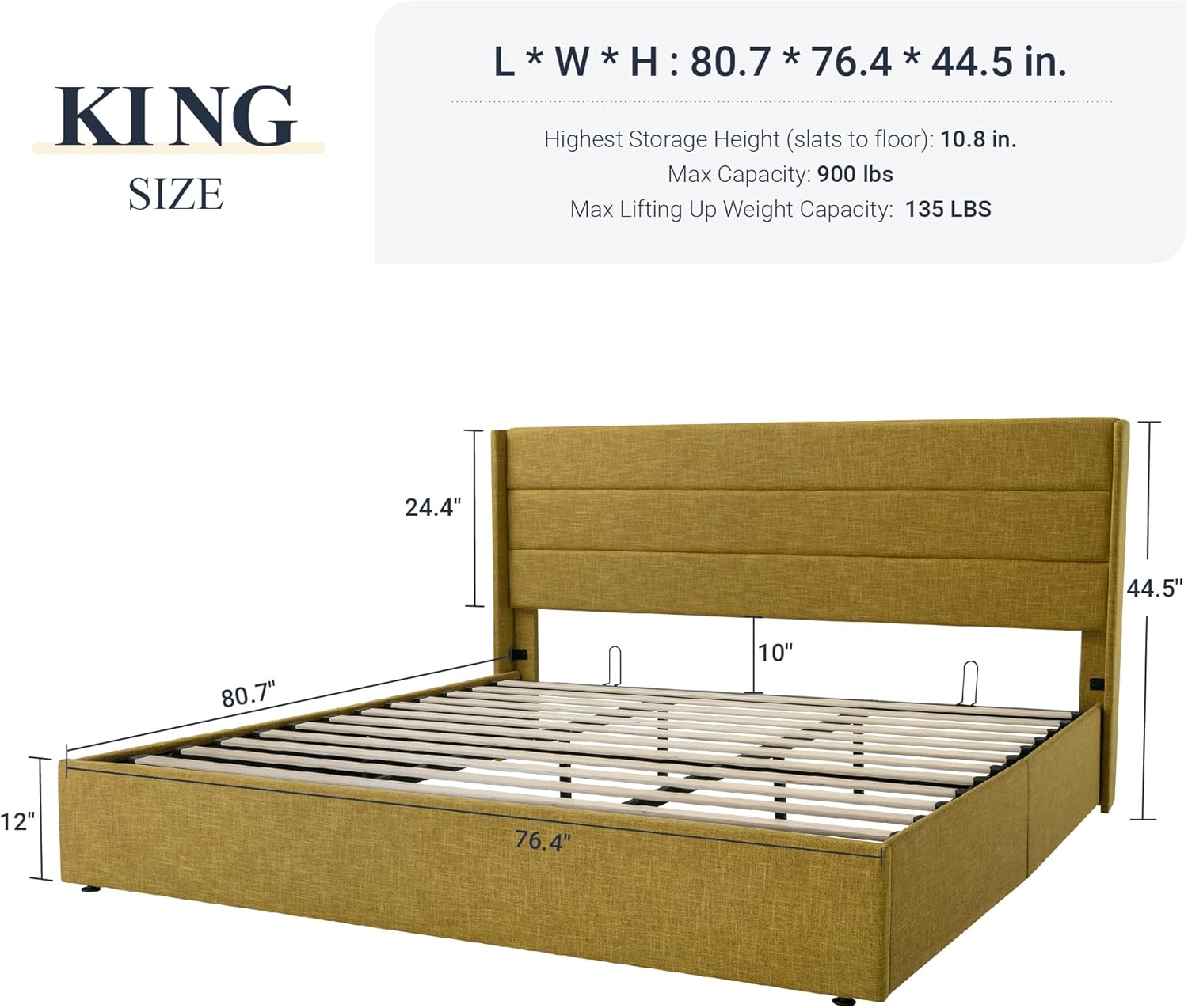 Allewie King Size Lift Up Storage Bed, Modern Wingback Headboard, No Box Spring Needed, Hydraulic Storage, Olive Yellow`1