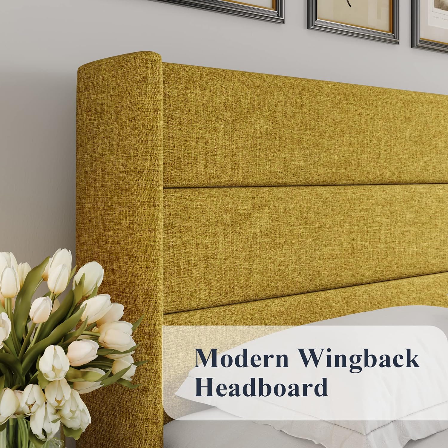 Allewie King Size Lift Up Storage Bed, Modern Wingback Headboard, No Box Spring Needed, Hydraulic Storage, Olive Yellow4