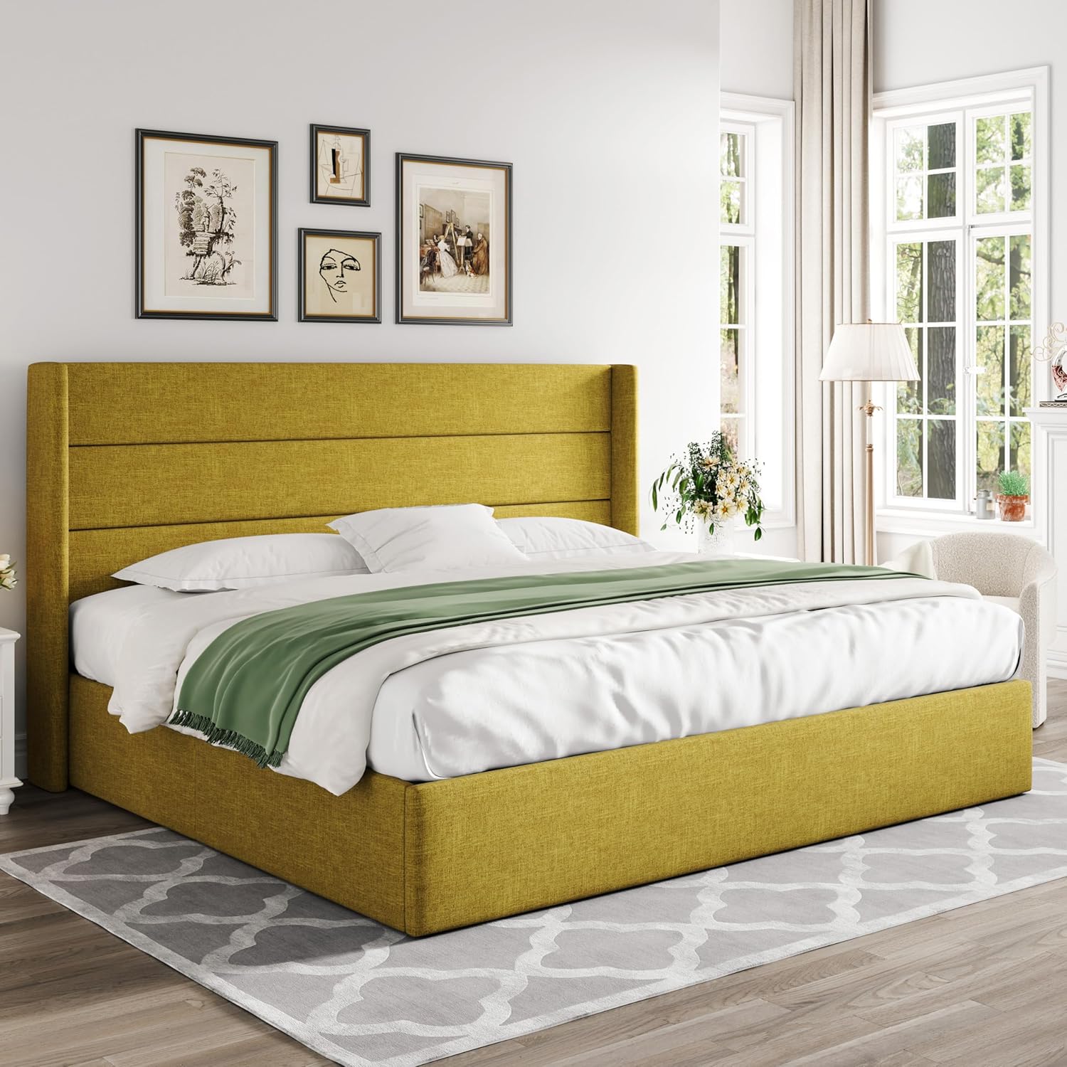 Allewie King Size Lift Up Storage Bed, Modern Wingback Headboard, No Box Spring Needed, Hydraulic Storage, Olive Yellow9