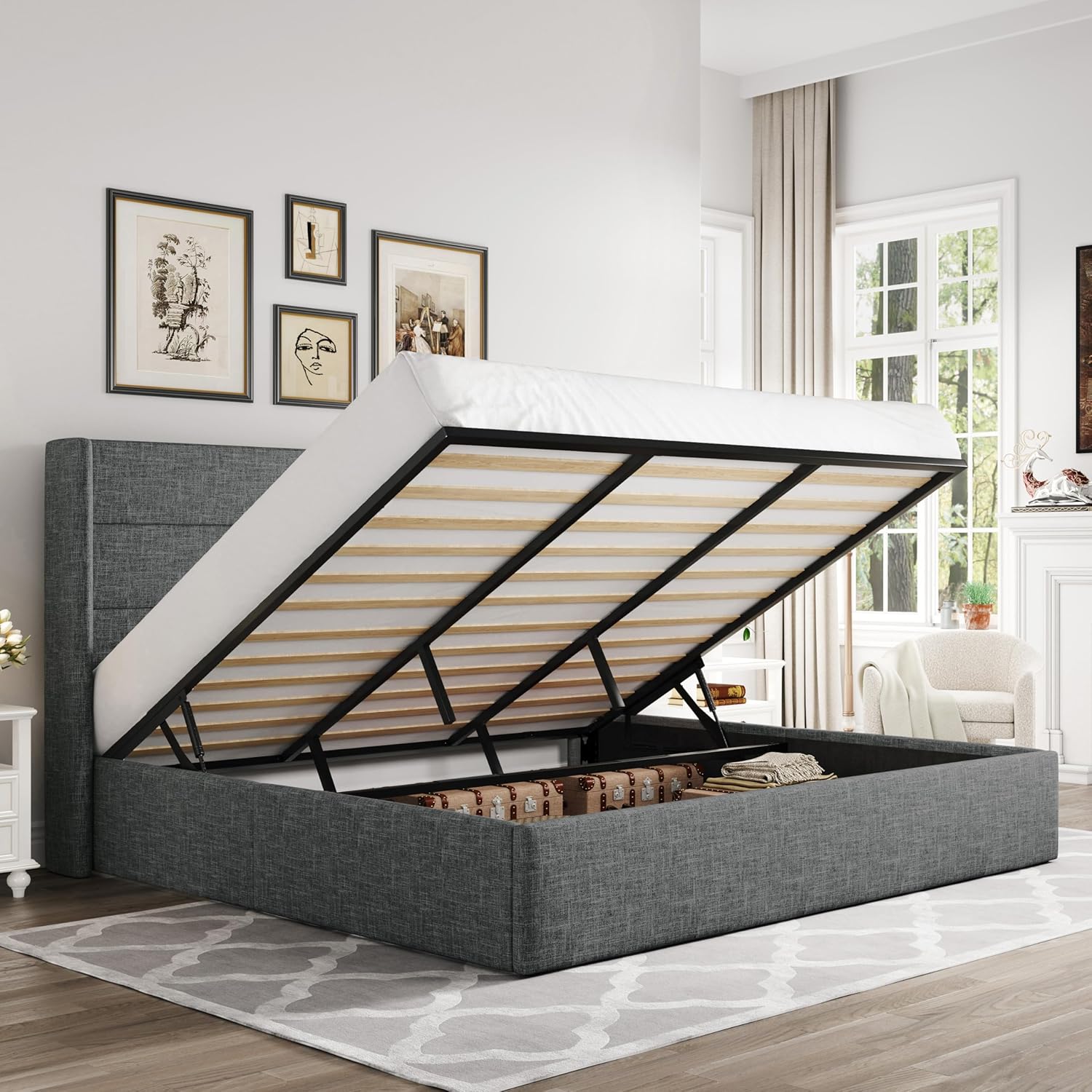 Allewie King Size Lift Up Storage Bed,Modern Wingback Headboard,Hydraulic Storage,No Box Spring Needed,Dark Grey Allewie King Size Lift Up Storage Bed,Modern Wingback Headboard,Hydraulic Storage,No Box Spring Needed,Dark Grey