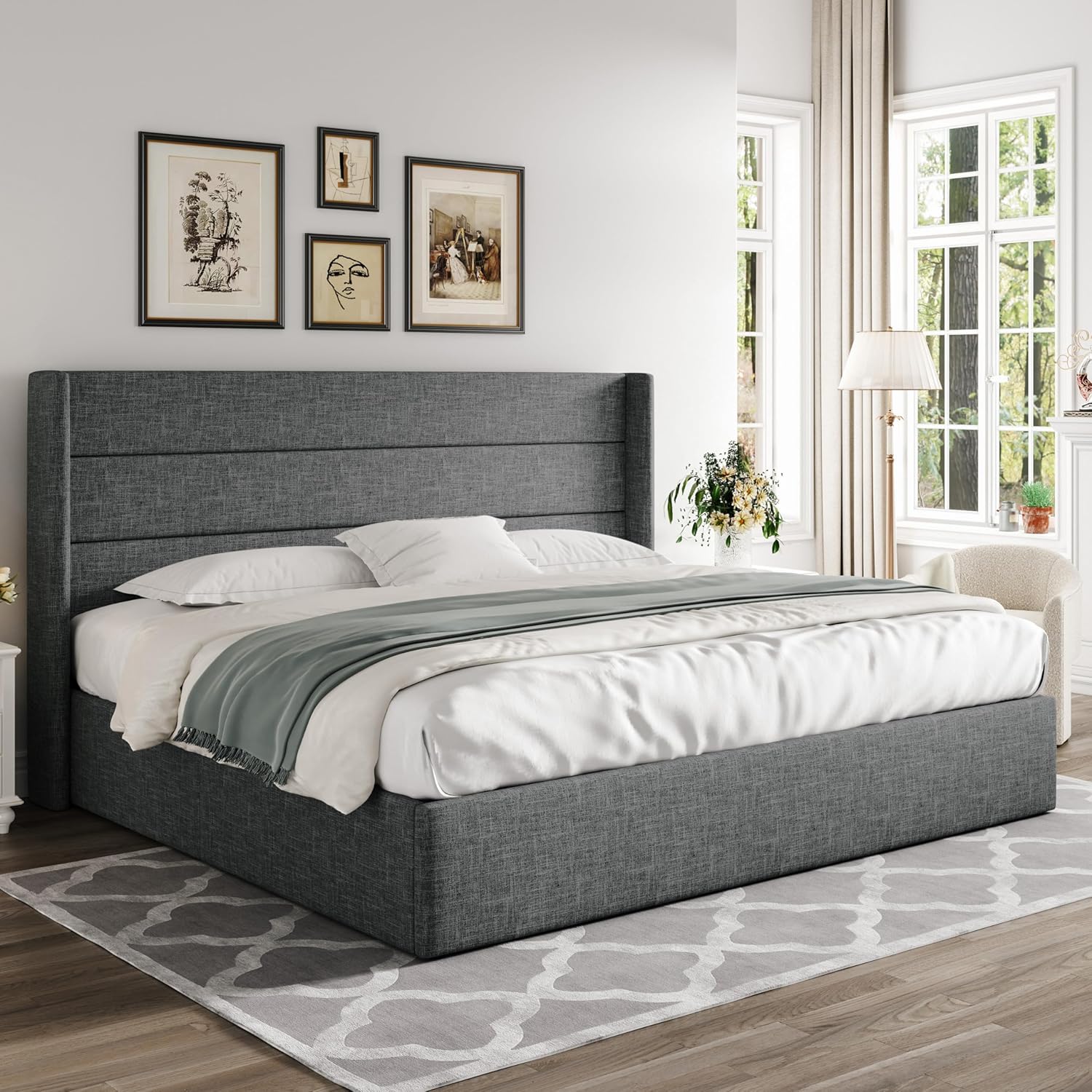 Allewie King Size Lift Up Storage Bed,Modern Wingback Headboard,Hydraulic Storage,No Box Spring Needed,Dark Grey0