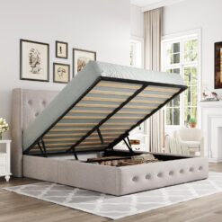 Allewie Queen Size Lift Up Storage Bed, Button Tufted Headboard with Wingback, No Box Spring Needed, Hydraulic Storage, Light Beige