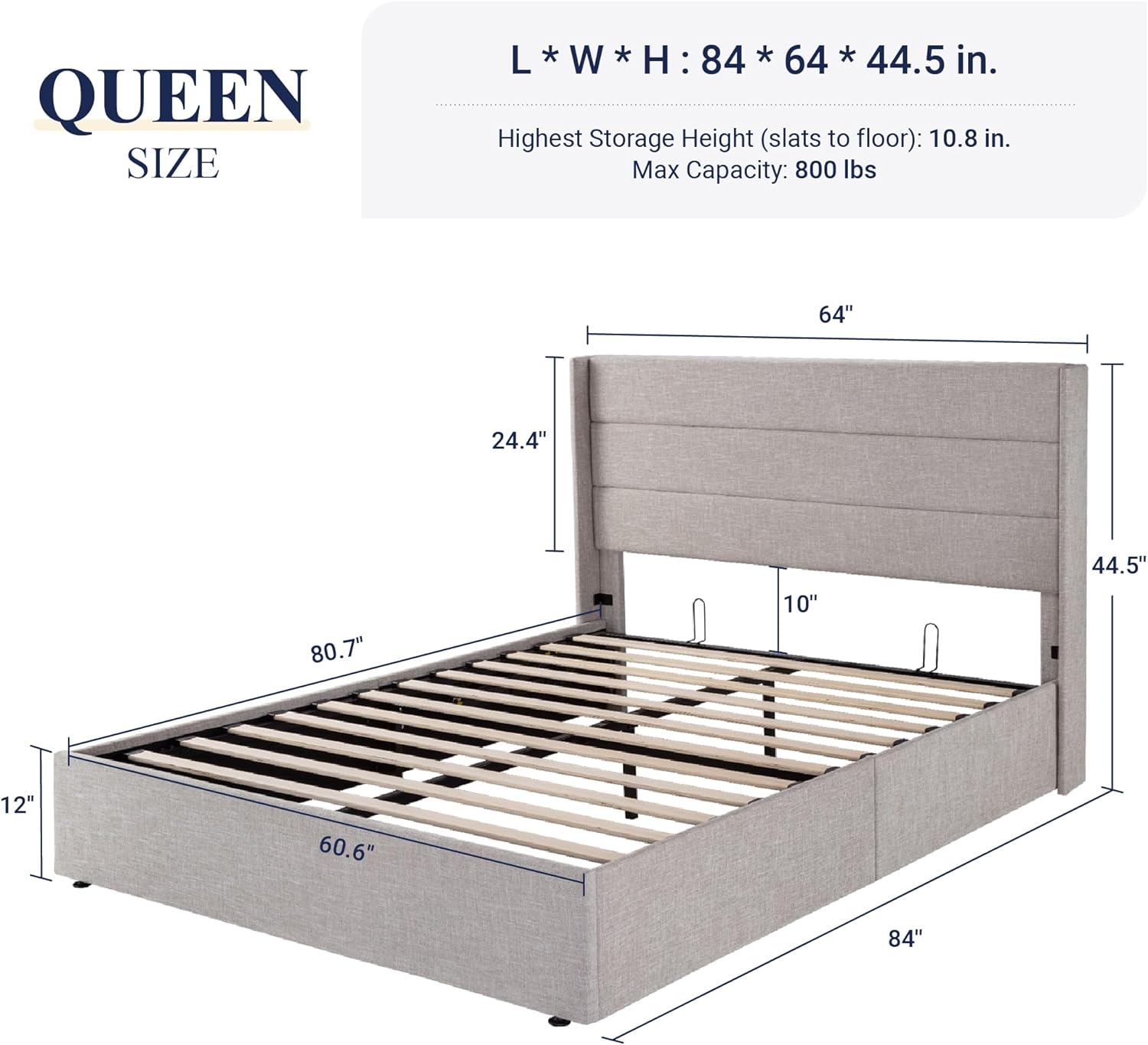 Allewie Queen Size Lift Up Storage Bed, Modern Wingback Headboard, No Box Spring Needed, Hydraulic Storage, Light Beige1