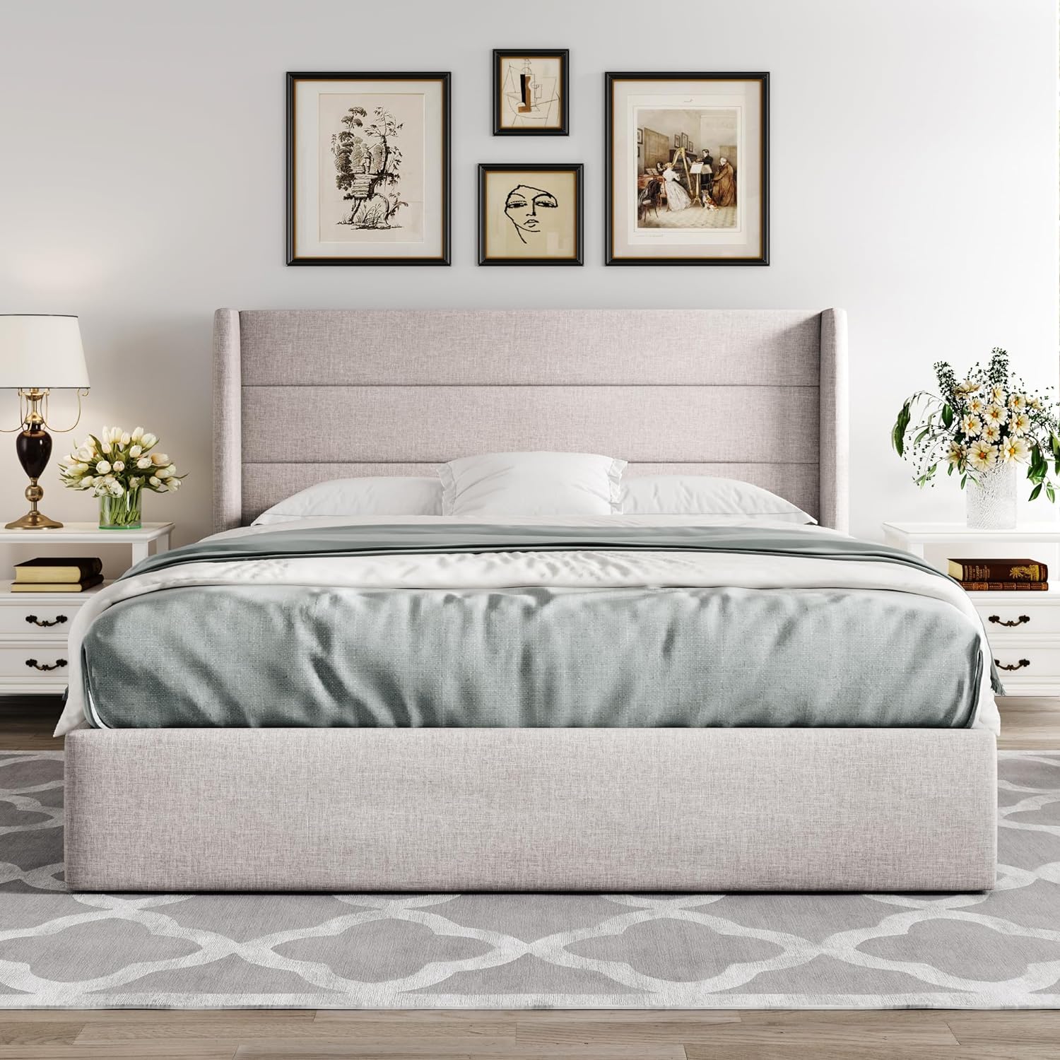 Allewie Queen Size Lift Up Storage Bed, Modern Wingback Headboard, No Box Spring Needed, Hydraulic Storage, Light Beige5