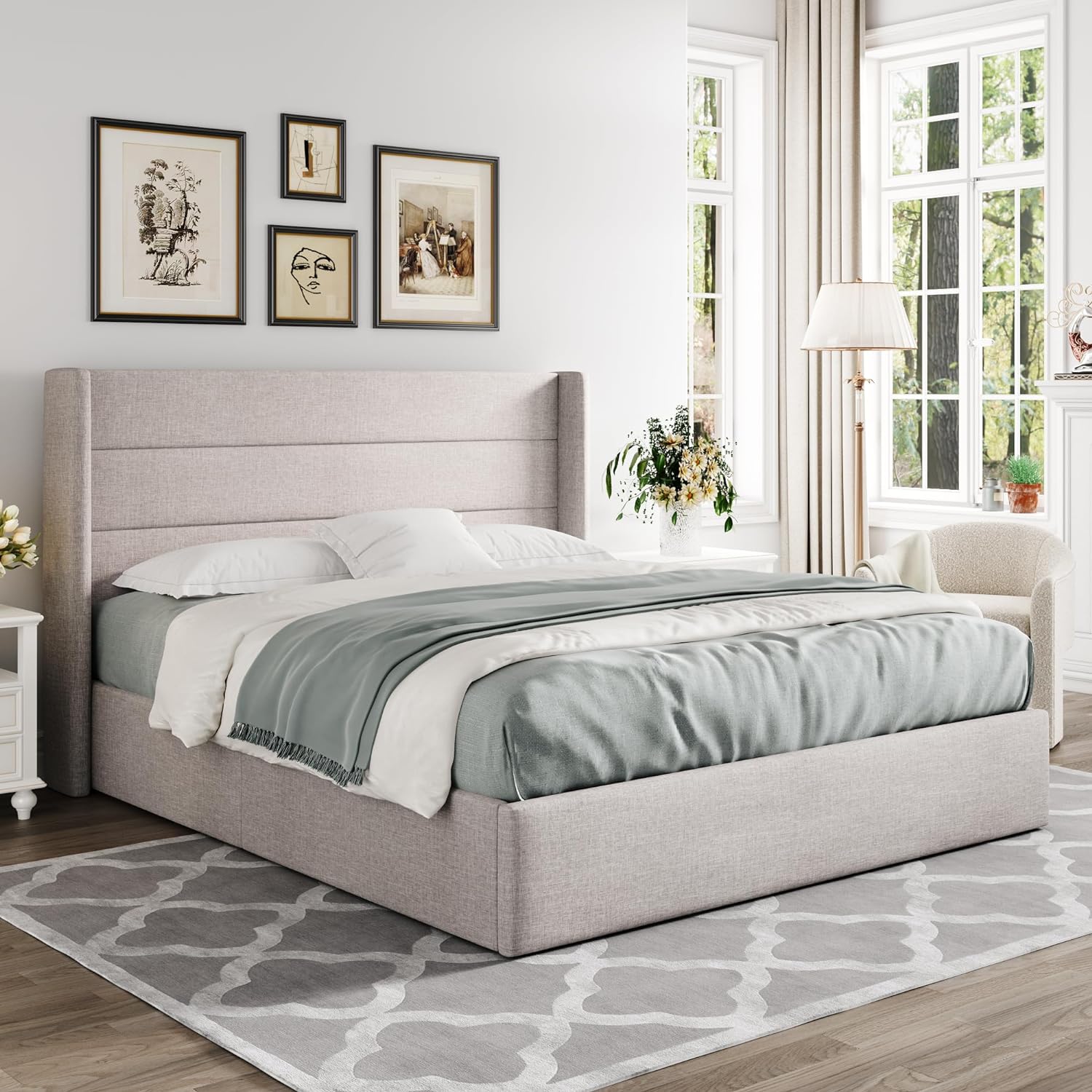 Allewie Queen Size Lift Up Storage Bed, Modern Wingback Headboard, No Box Spring Needed, Hydraulic Storage, Light Beige6