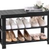 Apicizon Bamboo Shoe Rack for Entryway, 3-Tier Shoe Rack Bench for Front Door Entrance, Small Shoe Organizer with Storage, Black