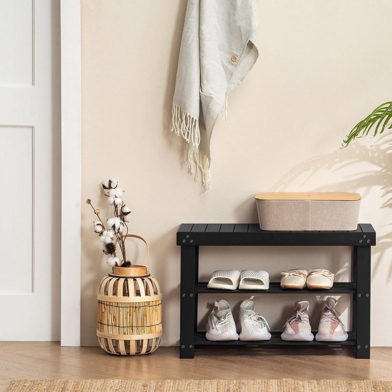 Apicizon Bamboo Shoe Rack for Entryway, 3-Tier Shoe Rack Bench for Front Door Entrance, Small Shoe Organizer with Storage, Black1