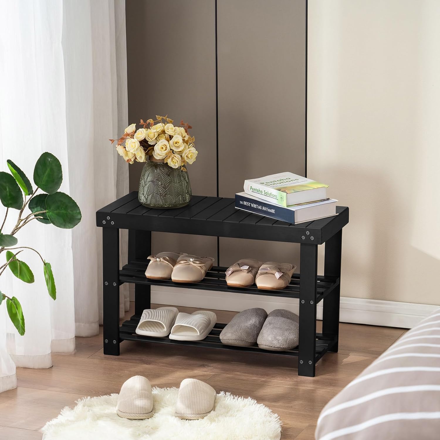Apicizon Bamboo Shoe Rack for Entryway, 3-Tier Shoe Rack Bench for Front Door Entrance, Small Shoe Organizer with Storage, Black6