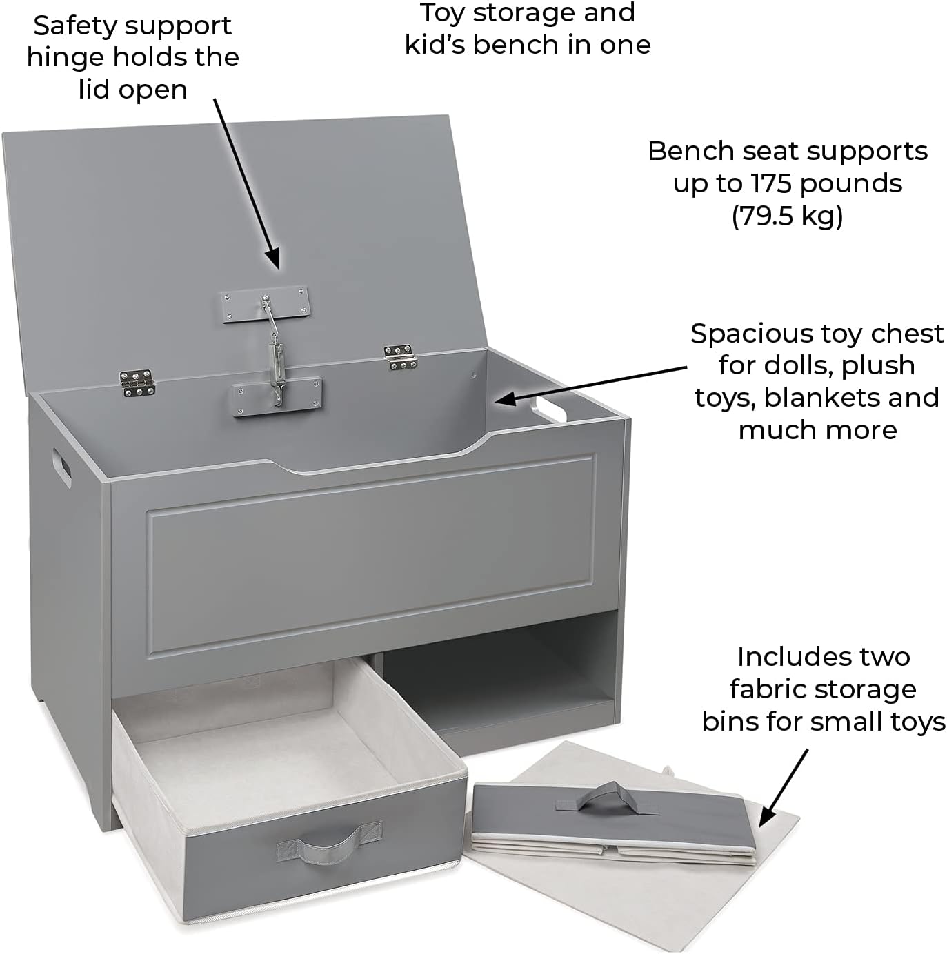 Badger Basket Kid's Up & Down Toy Box and Organizer with Two Reversible Fabric Bins - Gray13