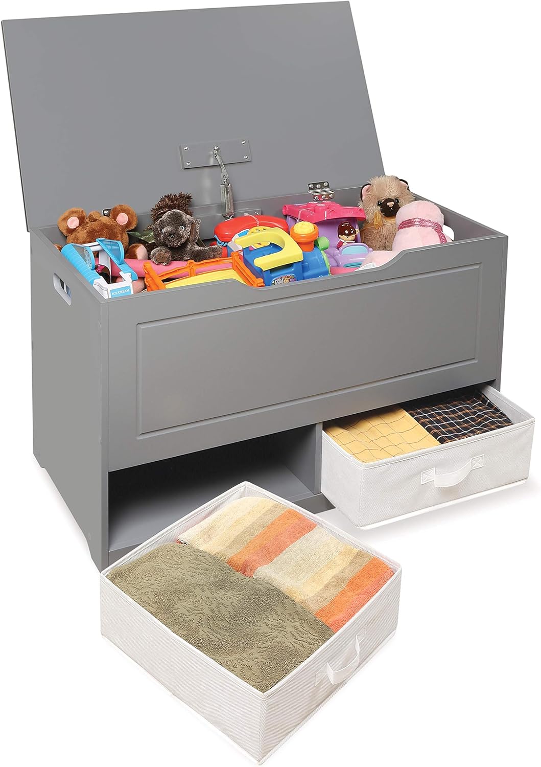Badger Basket Kid's Up & Down Toy Box and Organizer with Two Reversible Fabric Bins - Gray3