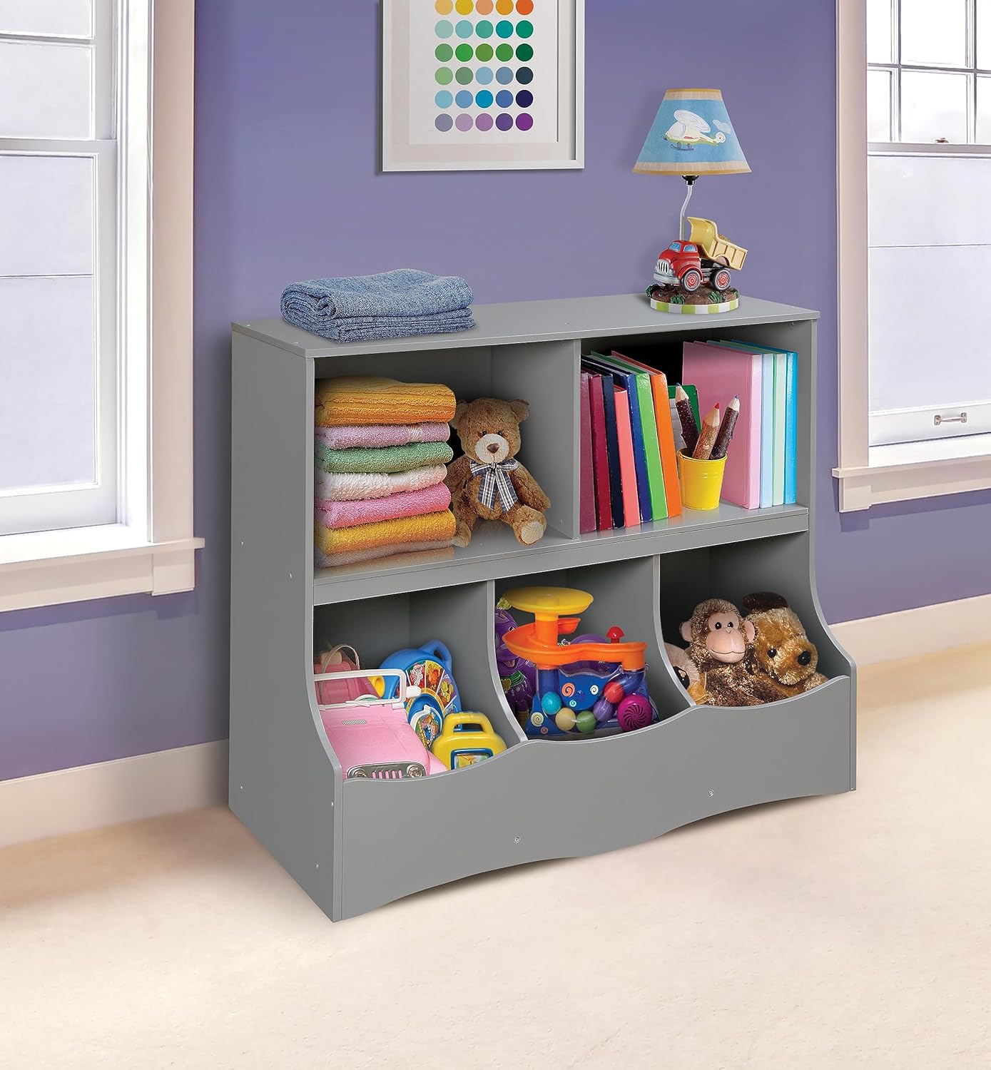 Badger Basket Multi-Bin Toy Storage Organizer and Book Shelf for Kids - Gray1