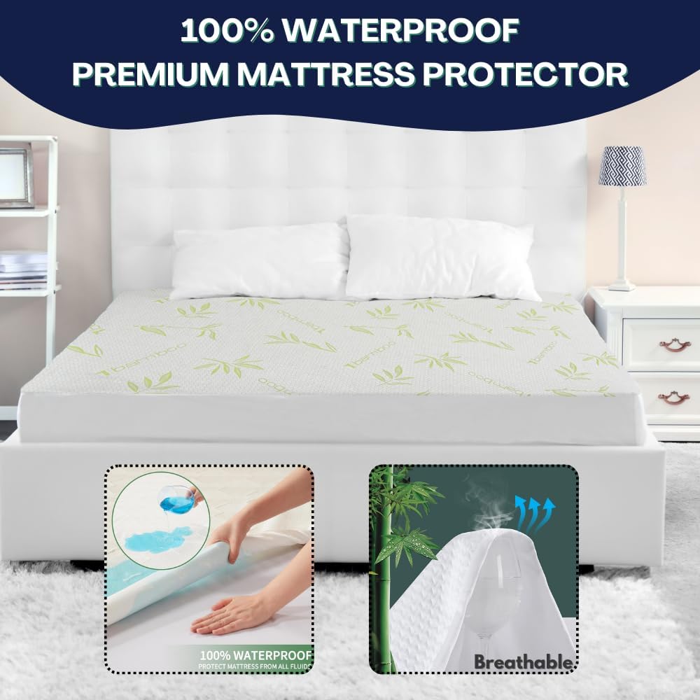 Bamboo Mattress Protector with Zipper - 100% Waterproof King Size Cooling Mattress Cover - Ultra Soft Jacquard Fabric Breathable Noiseless Mattress Pad Cover - Zippered Mattress Encasements1