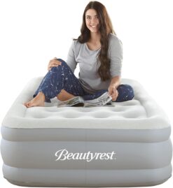 Beautyrest Skyrise Raised Air Bed with Edge Support, Inflatable Sleeping Mattress with External Pump and Puncture Resistant Vinyl for Guests, Camping, and More: 14’’ Twin, Portable with Storage Bag