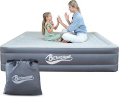 Beyondhome Queen 15inch Grey PVC-Free Air Mattress with Built-in Pump, Odorless, Adjustable Air Content, Strong Support, Durable, Anti-slip, Fast Packing, Lightweight