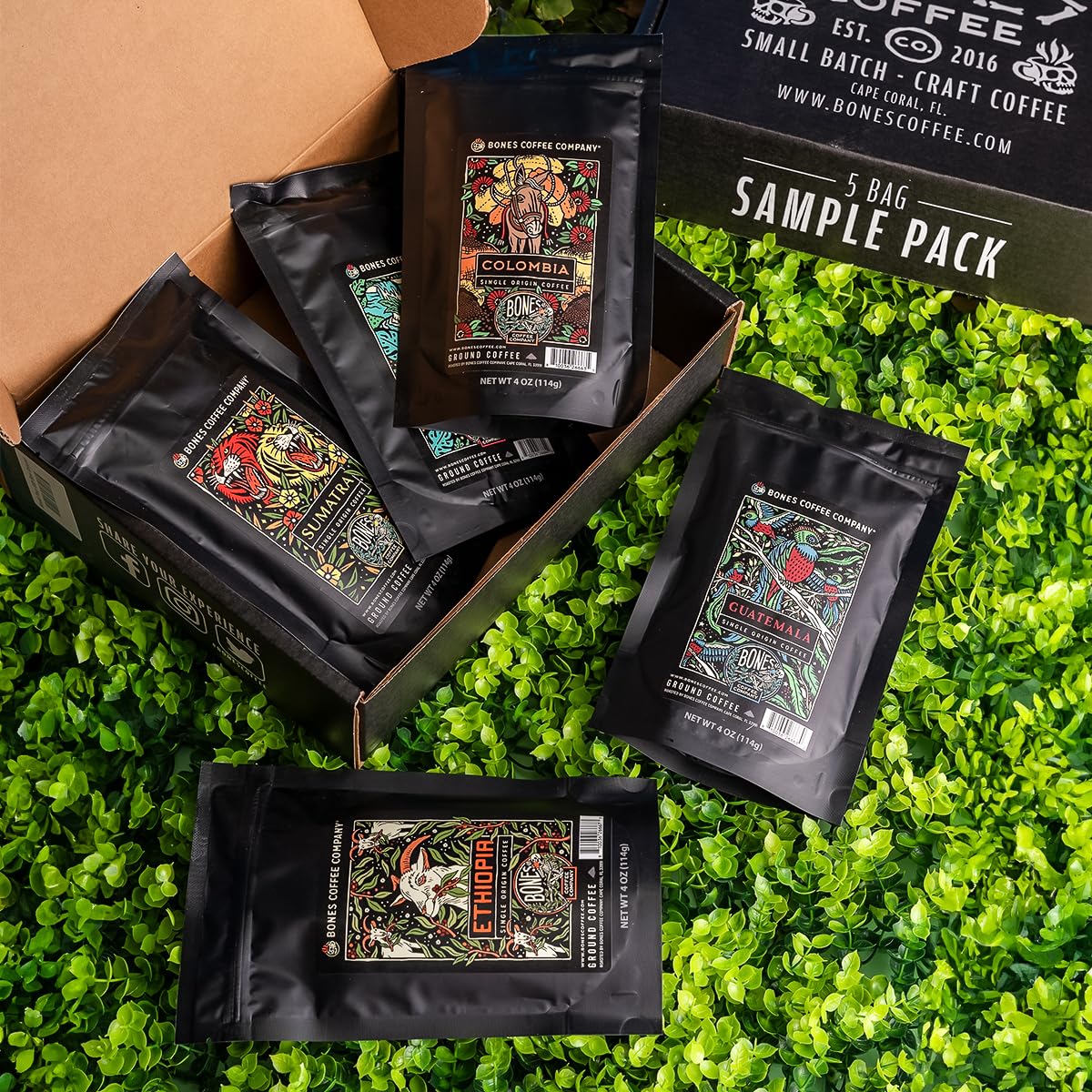 Bones Coffee Company NEW World Tour Sample Pack Whole Coffee Beans Sampler Gift Box Set 4 oz Pack of 5 Assorted Single-Origin Gourmet Coffee Gifts Medium Roast Coffee Beverages (Whole Bean)1