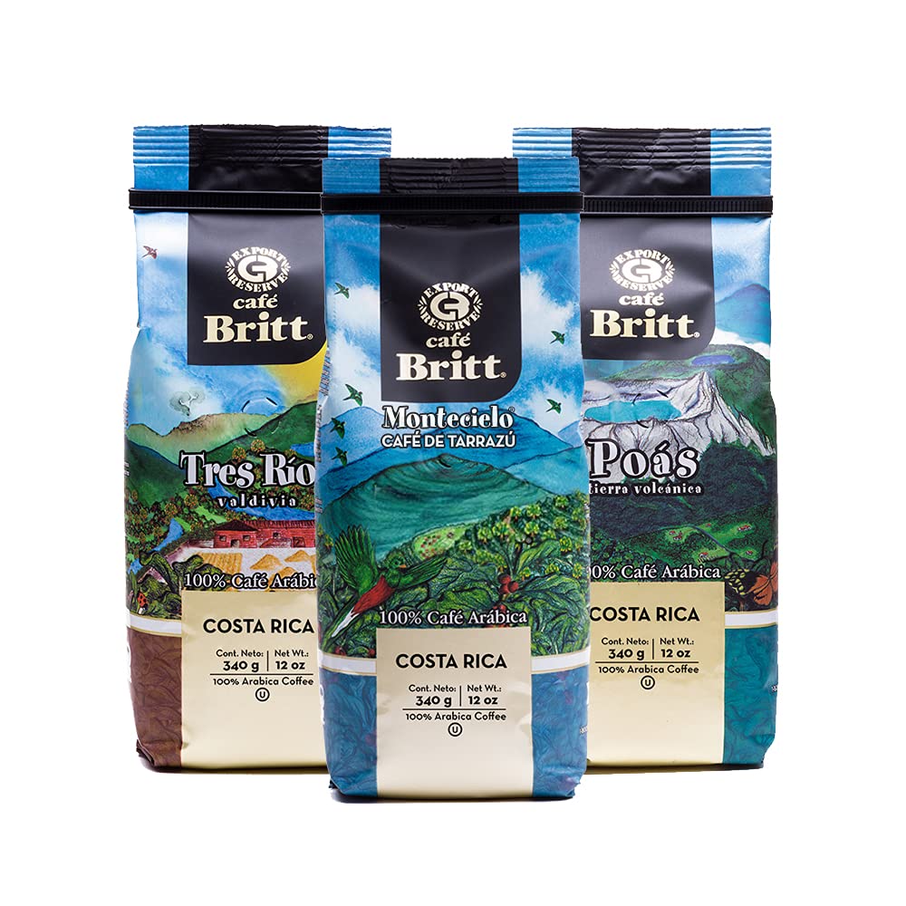 Café Britt® - Costa Rican Origins Coffee Bundle (12 oz.) (3-Pack) (Coffee From Tarrazú, Tres Ríos & Poás) - Ground, Arabica Coffee, Kosher, Gluten Free, Gourmet & Medium Light & Dark Roast Café Britt® - Costa Rican Origins Coffee Bundle (12 oz.) (3-Pack) (Coffee From: Tarrazú, Tres Ríos & Poás) - Ground, Arabica Coffee, Kosher, Gluten Free, Gourmet & Medium Light & Dark Roast