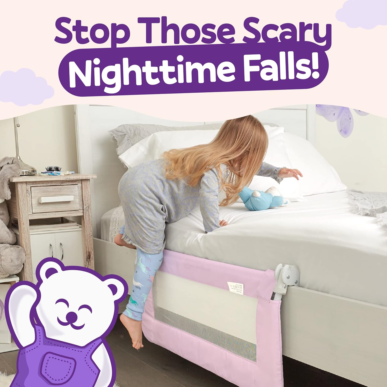 ComfyBumpy 59 inch Extra Long Bed Rail for Toddlers - Baby Bed Rail Guard for Kids, Twin, Full, King and Queen Beds - Adjustable Toddler Bed Rails - Baby Bed Side Bedrails - Pink, XL (59 x 19.5)1