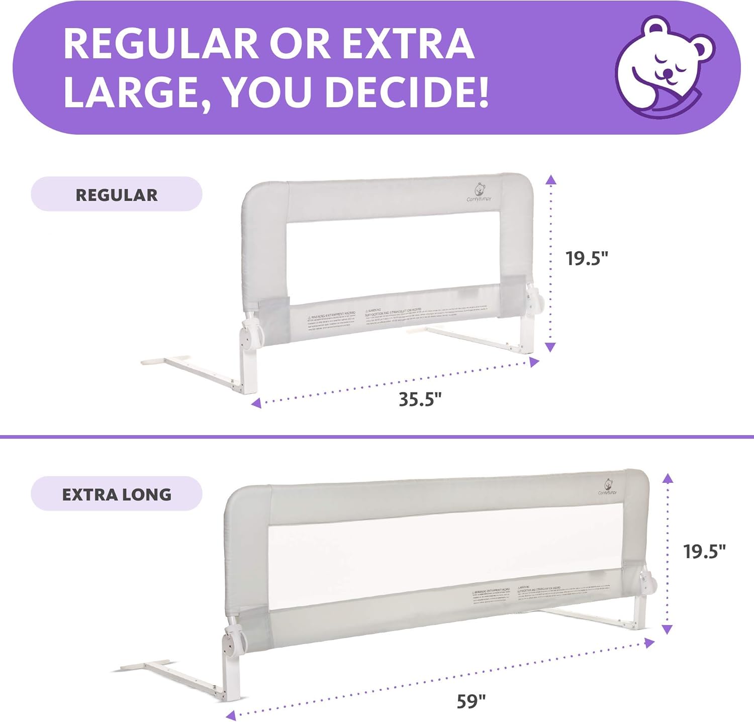ComfyBumpy 59 inch Extra Long Toddler Bed Rails - Baby Bed Rail Guard for Kids, Twin, Full, King and Queen Beds - Adjustable Bed Rail for Toddlers - Baby Bed Side Bedrails - Gray, XL (59 x 19.5)0