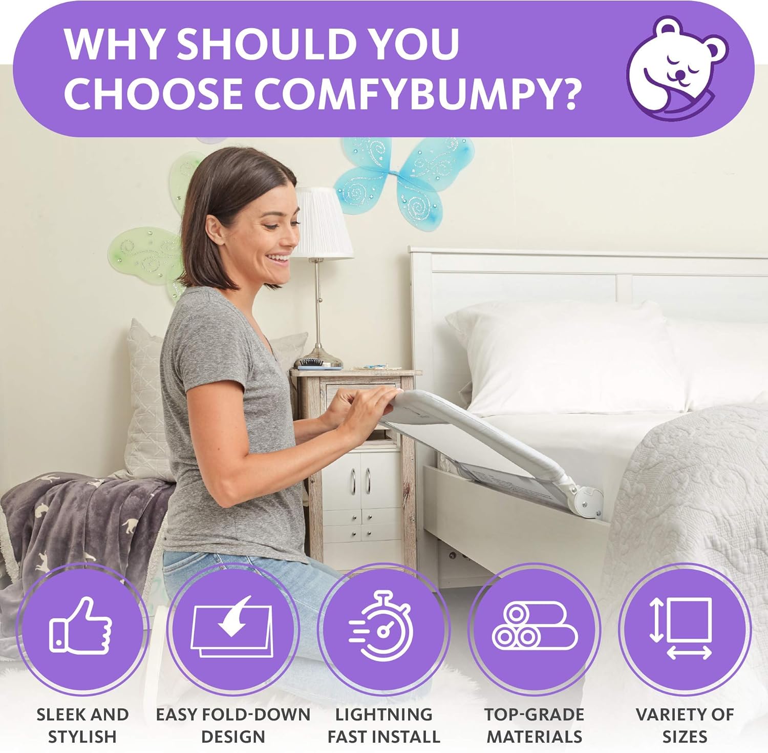 ComfyBumpy 59 inch Extra Long Toddler Bed Rails - Baby Bed Rail Guard for Kids, Twin, Full, King and Queen Beds - Adjustable Bed Rail for Toddlers - Baby Bed Side Bedrails - Gray, XL (59 x 19.5)5