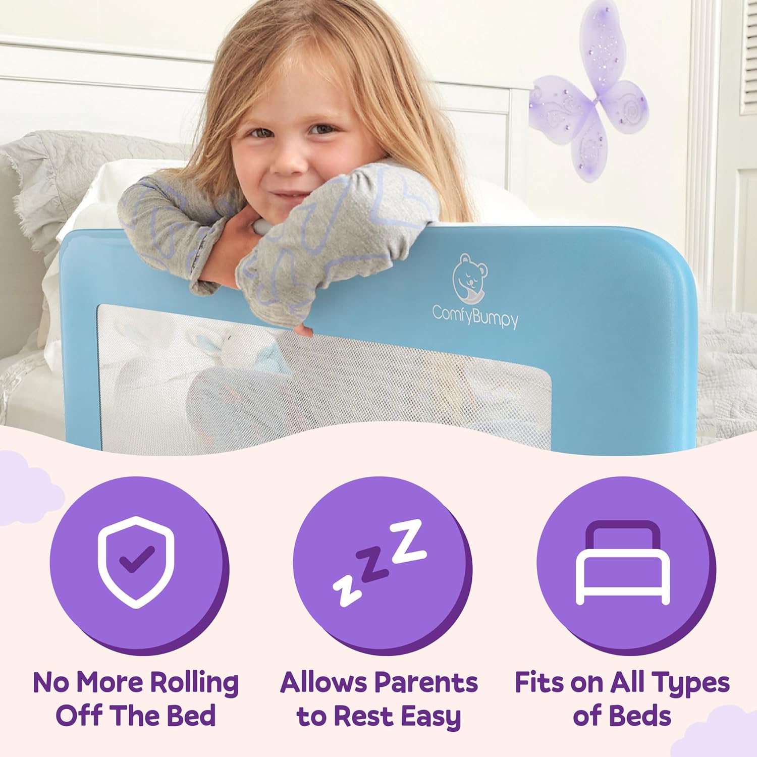 ComfyBumpy Bed Rail for Toddlers Bed Rails for Kids, Twin, Full, Queen & King Size Bed - Adjustable Toddler Bed Rail Guard - Swing Down Baby Bed Side Rail - Blue, Regular (35.5 x 19.5)2