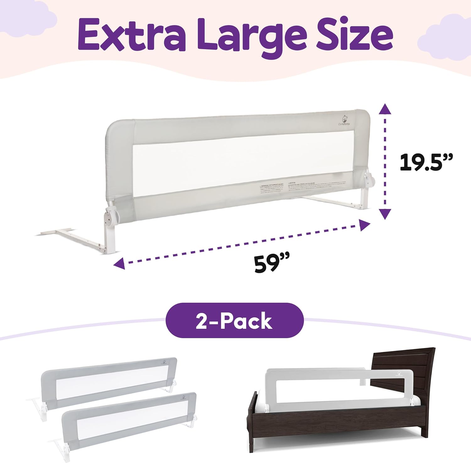 ComfyBumpy Extra Long Toddler Bed Rails - Baby Bed Rail Guard for Kids, Twin, Full, King and Queen Beds - Adjustable Bed Rail for Toddlers - Baby Bed Side Bedrails - Gray, XL (59 x 19.5 ), Pack of 23