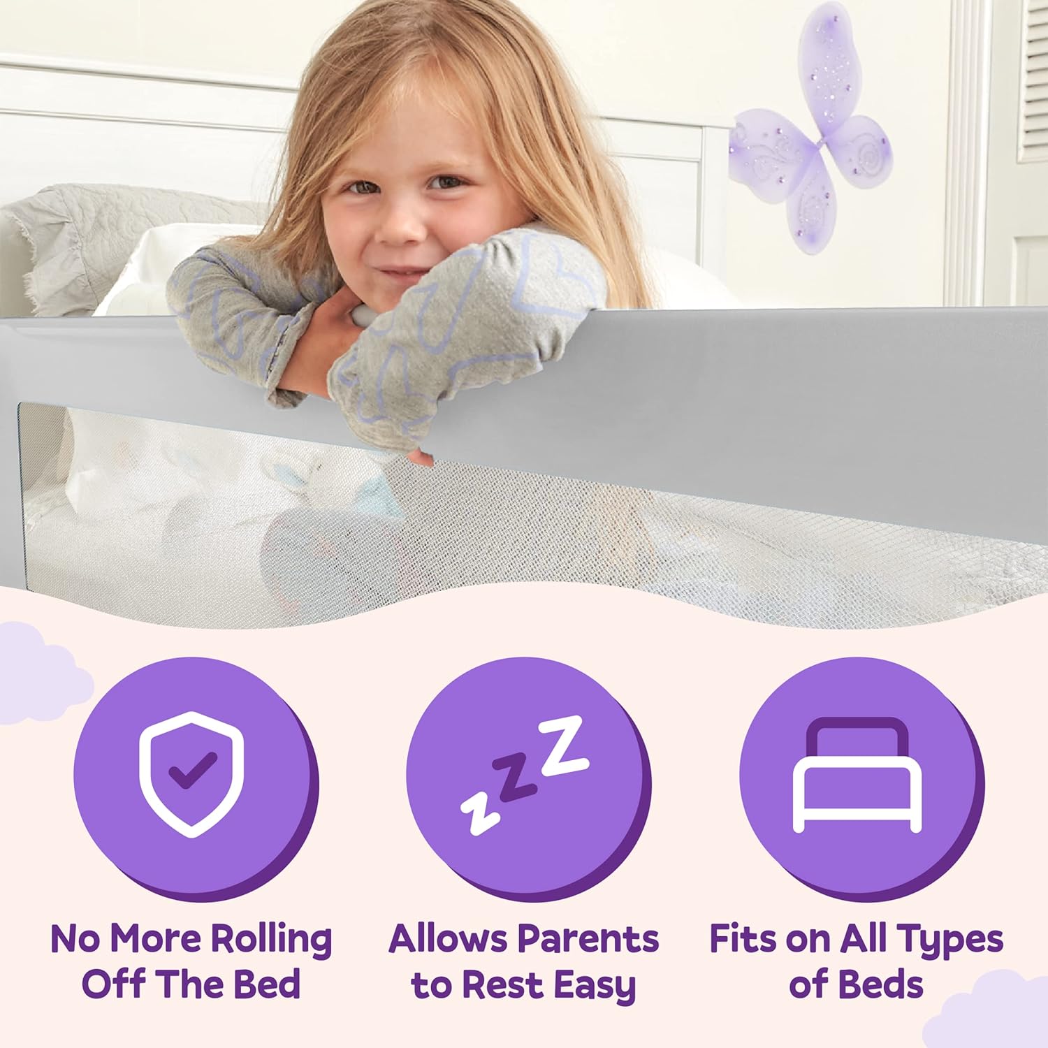 ComfyBumpy Extra Long Toddler Bed Rails - Baby Bed Rail Guard for Kids, Twin, Full, King and Queen Beds - Adjustable Bed Rail for Toddlers - Baby Bed Side Bedrails - Gray, XL (59 x 19.5 ), Pack of 234