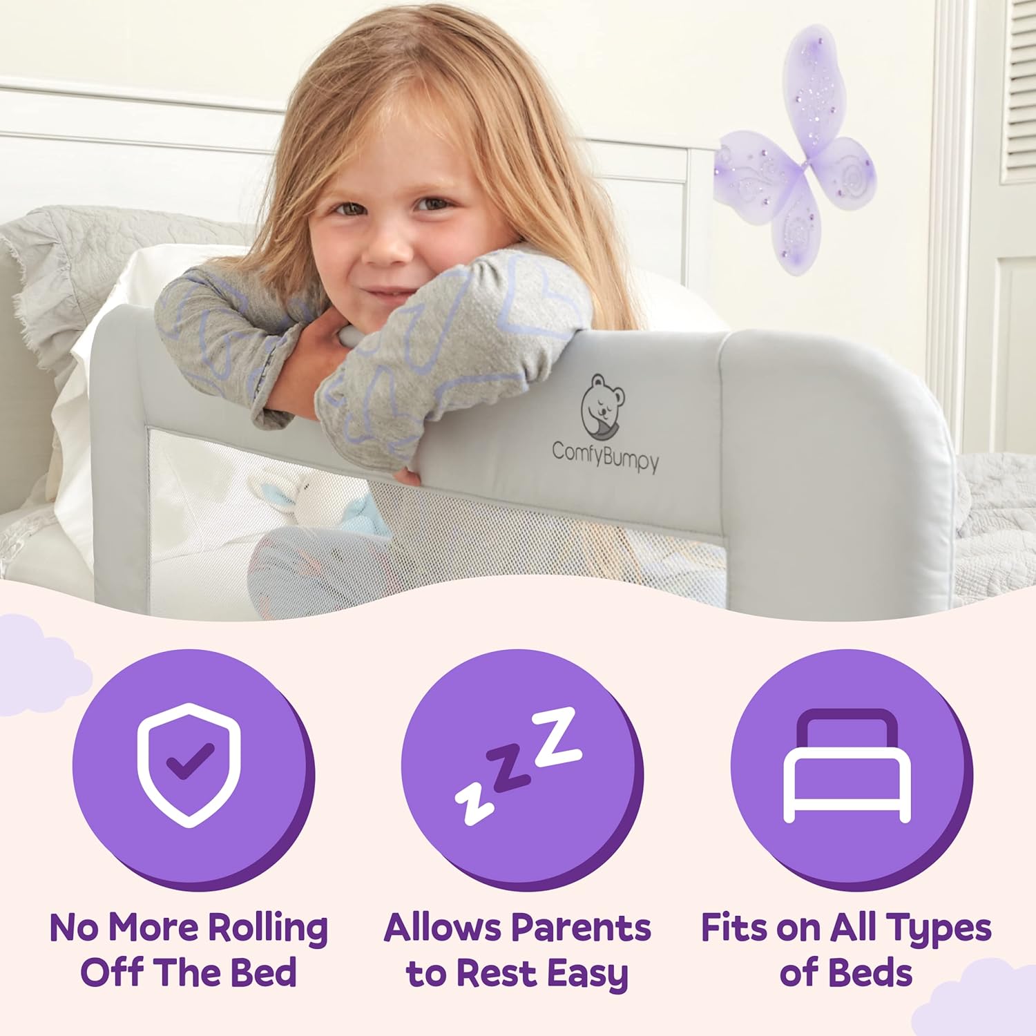 ComfyBumpy Toddler Bed Rail Guard Bed Rails for Kids, Twin, Full, Queen & King Size Bed - Adjustable Bed Rail for Toddlers - Swing Down Baby Bed Side Rail - Gray, Regular (35.5 x 19.5), Pack of 2 4