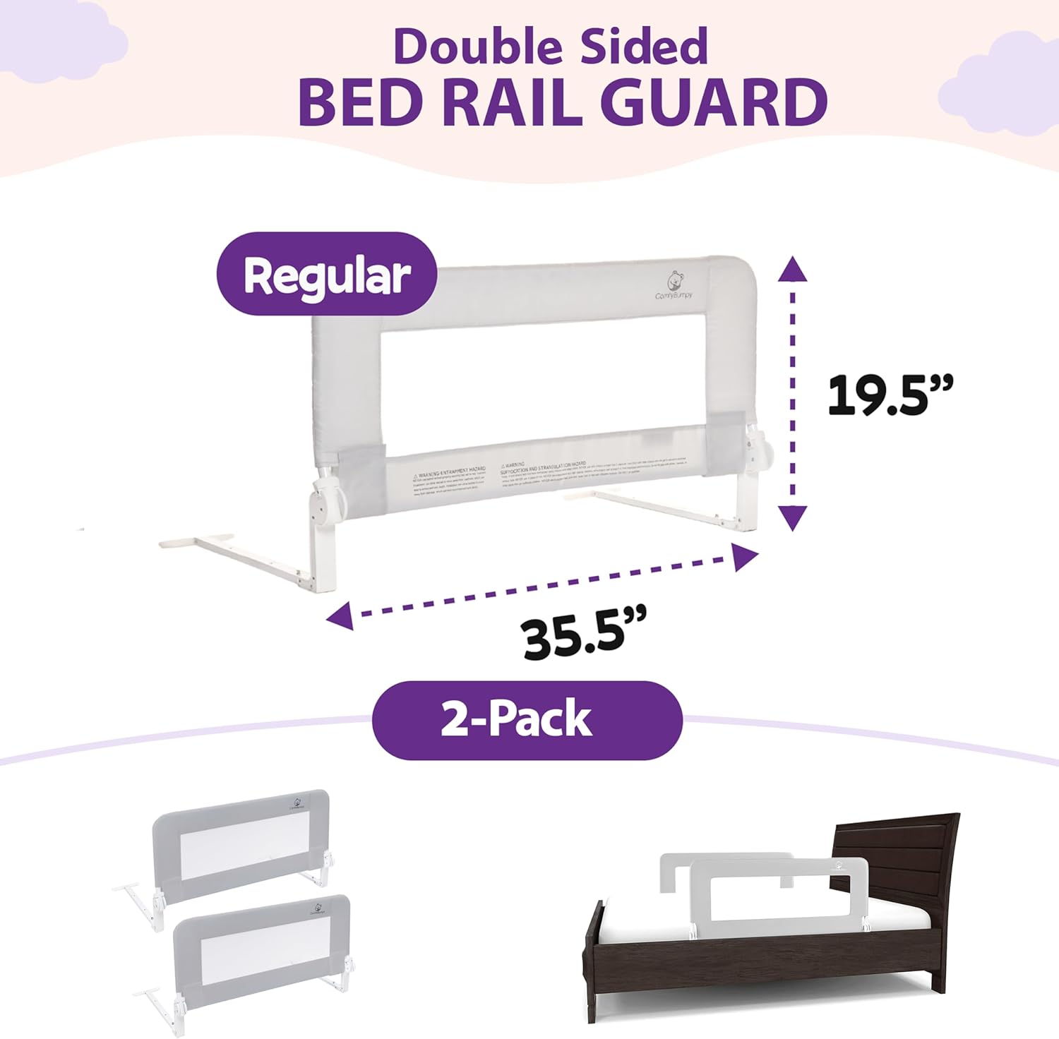 ComfyBumpy Toddler Bed Rail Guard Bed Rails for Kids, Twin, Full, Queen & King Size Bed - Adjustable Bed Rail for Toddlers - Swing Down Baby Bed Side Rail - Gray, Regular (35.5 x 19.5), Pack of 21