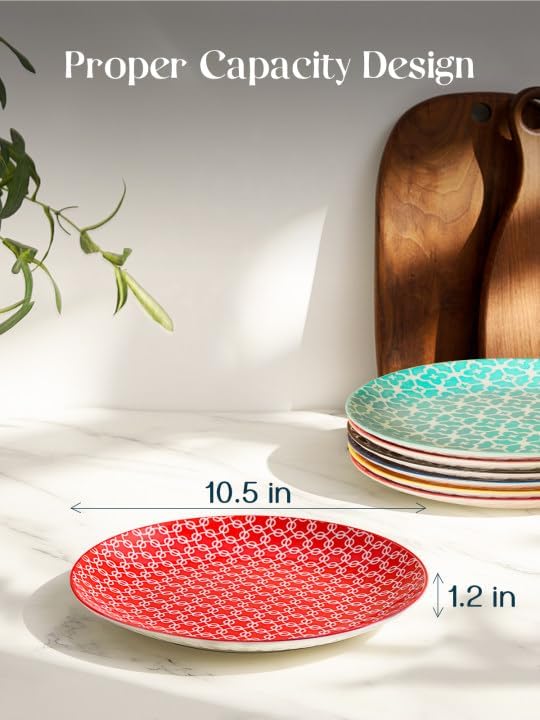 DOWAN 10.5 Dinner Plates Set of 6, Ceramic Salad Plates, Porcelain Plates Set for Kitchen, Parties, Pasta, Dishwasher & Microwave & Oven Safe, Colorful1