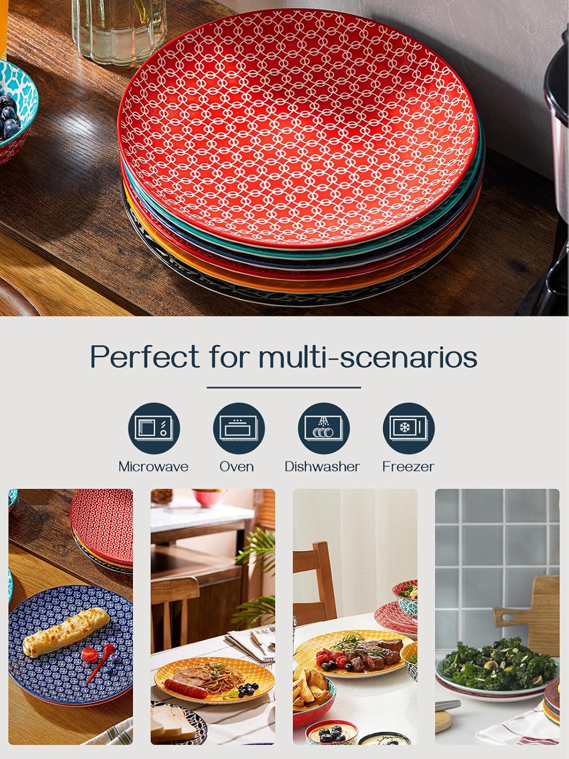 DOWAN 10.5 Dinner Plates Set of 6, Ceramic Salad Plates, Porcelain Plates Set for Kitchen, Parties, Pasta, Dishwasher & Microwave & Oven Safe, Colorful2