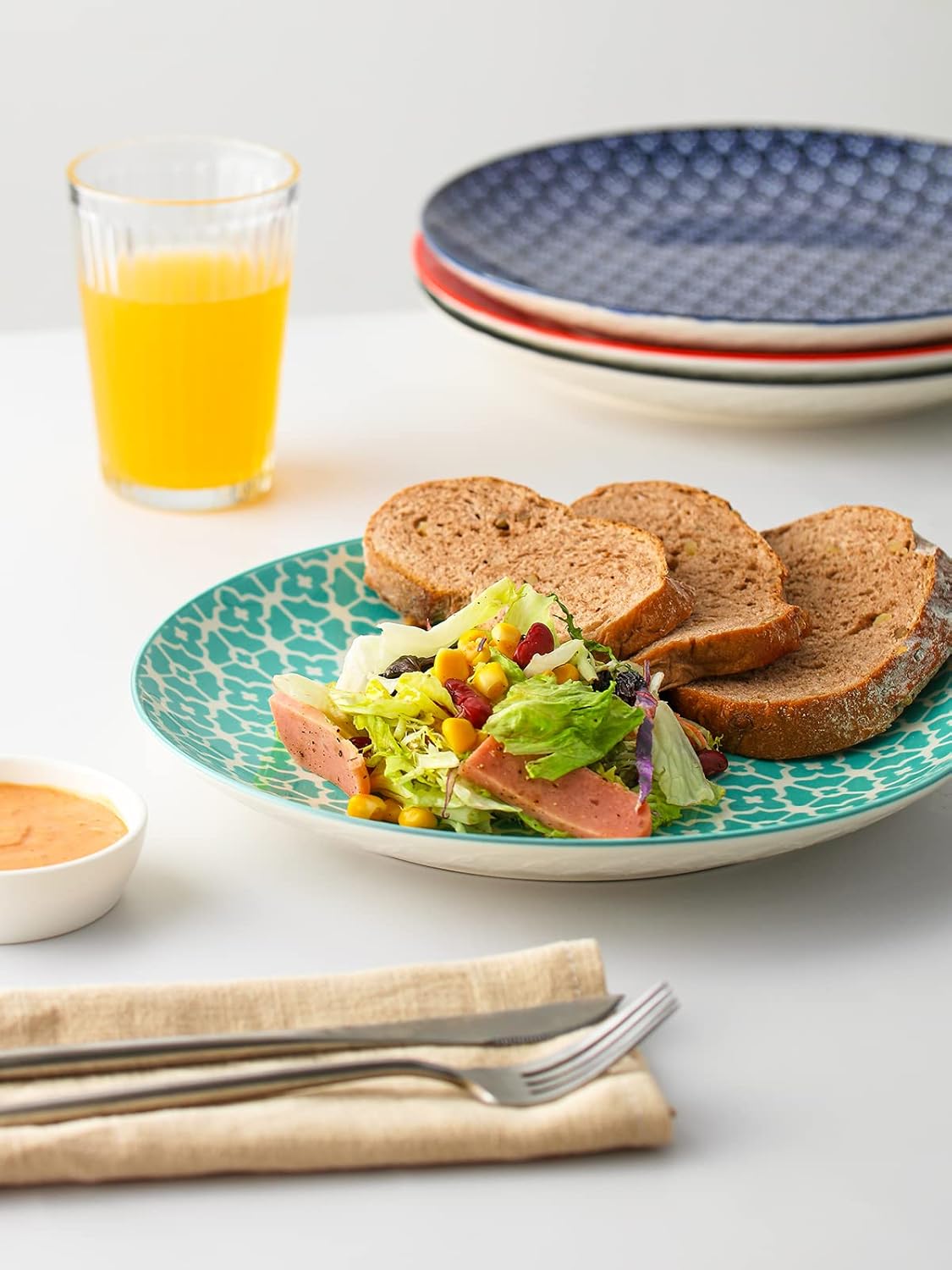 DOWAN 10.5 Dinner Plates Set of 6, Ceramic Salad Plates, Porcelain Plates Set for Kitchen, Parties, Pasta, Dishwasher & Microwave & Oven Safe, Colorful8