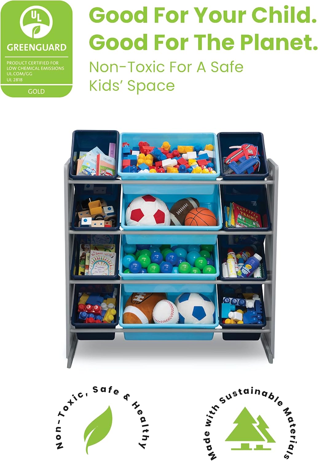 Delta Children Kids Toy Storage Organizer with 12 Plastic Bins - Greenguard Gold Certified, Grey Blue5