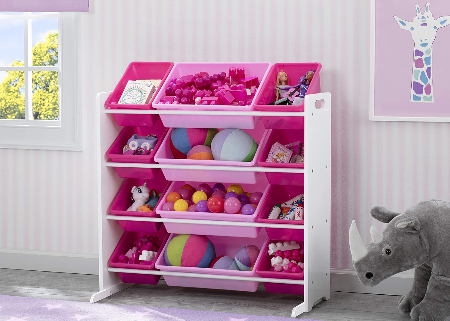 Delta Children Kids Toy Storage Organizer with 12 Plastic Bins - Greenguard Gold Certified, White Pink1