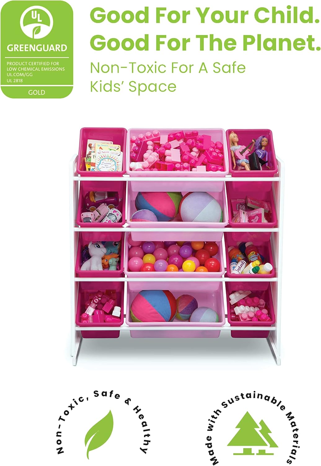 Delta Children Kids Toy Storage Organizer with 12 Plastic Bins - Greenguard Gold Certified, White Pink4