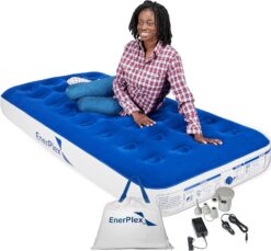 EnerPlex Never-Leak Camping Series Twin/Queen Camping Airbed with High Speed Pump Air Mattress Single High Inflatable Blow Up Bed for Home Camping Travel, Blue/White