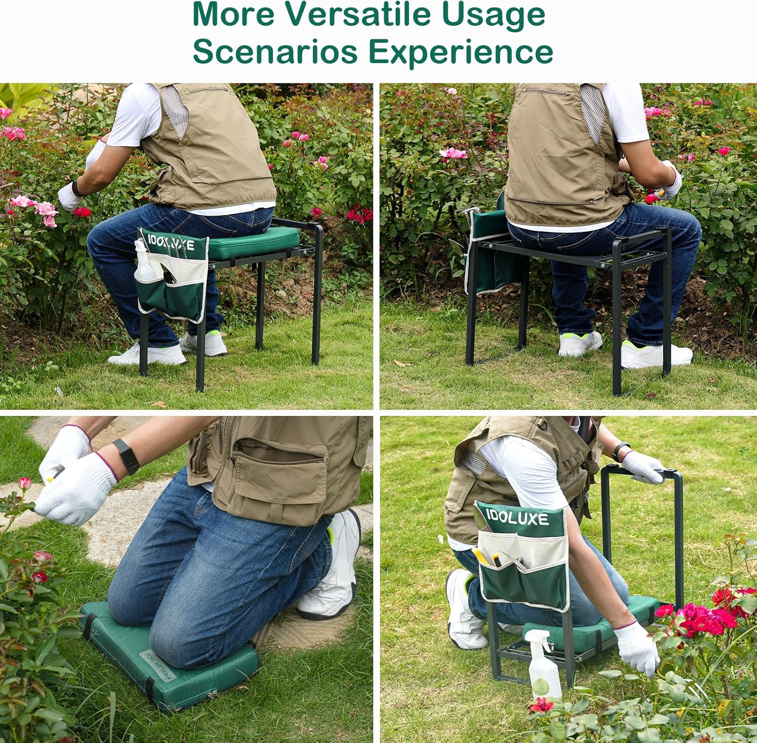 Foldable Garden Kneeler and Seat - 350 Lbs Heavy Duty Gardening Stool with Large Tool Bag, Thicker Wider Softer Kneeling Pad, Portable Garden Bench Gardening Gifts for Women, Seniors - Green8