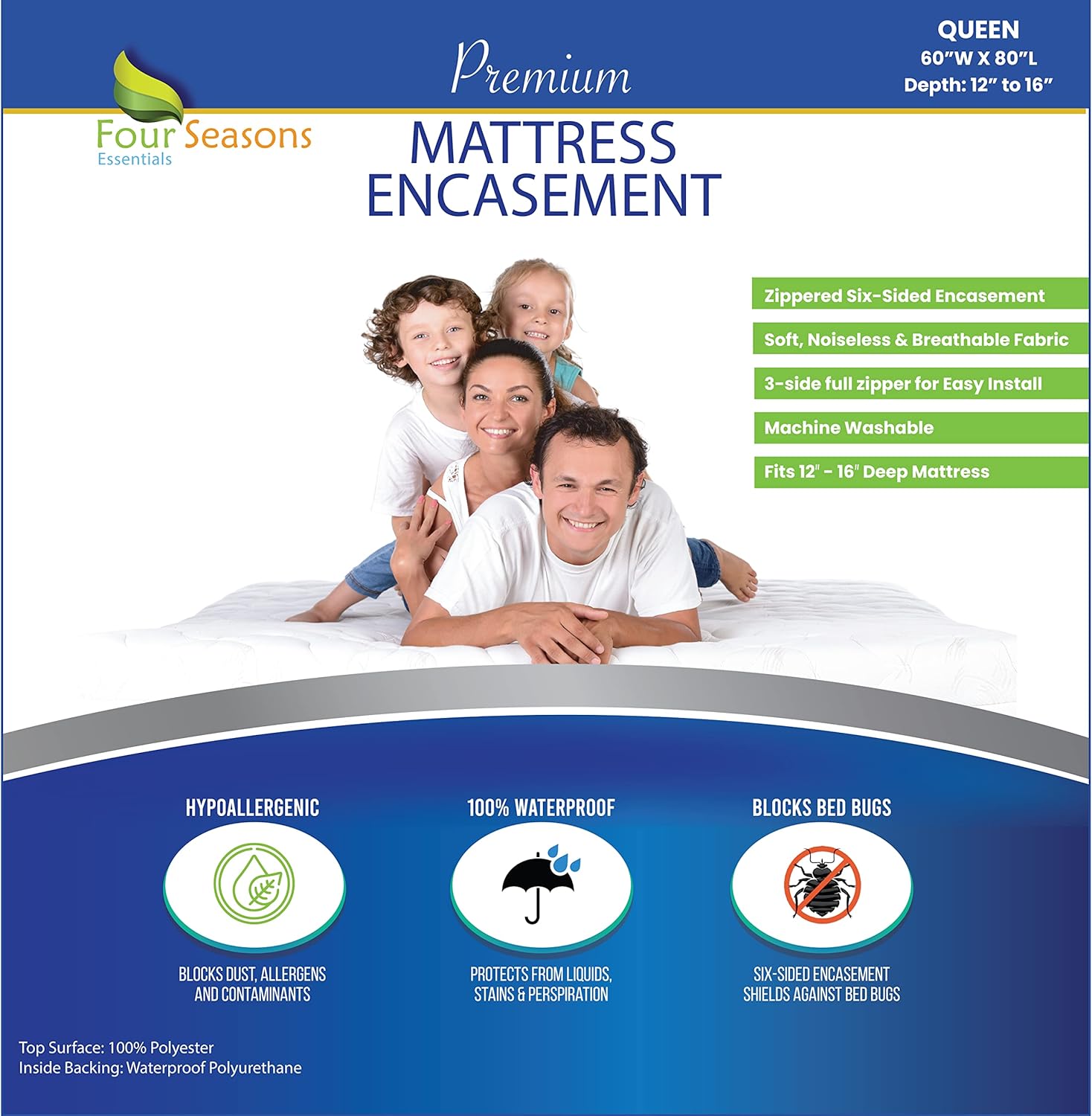 Four Seasons Essentials Queen Mattress Protector - Zippered Bedbug Waterproof Mattress Cover, Premium Quality Hypoallergenic Bed Encasement White Four Seasons Essentials Queen Mattress Protector - Zippered Bedbug Waterproof Mattress Cover, Premium Quality Hypoallergenic Bed Encasement White